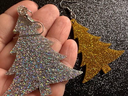 Glittery Christmas Tree Earrings: Laser Cut Acrylic Xmas Trees, Shiny, Sparkly, Green Earrings, Winter, Gifts for Her/Him/Them