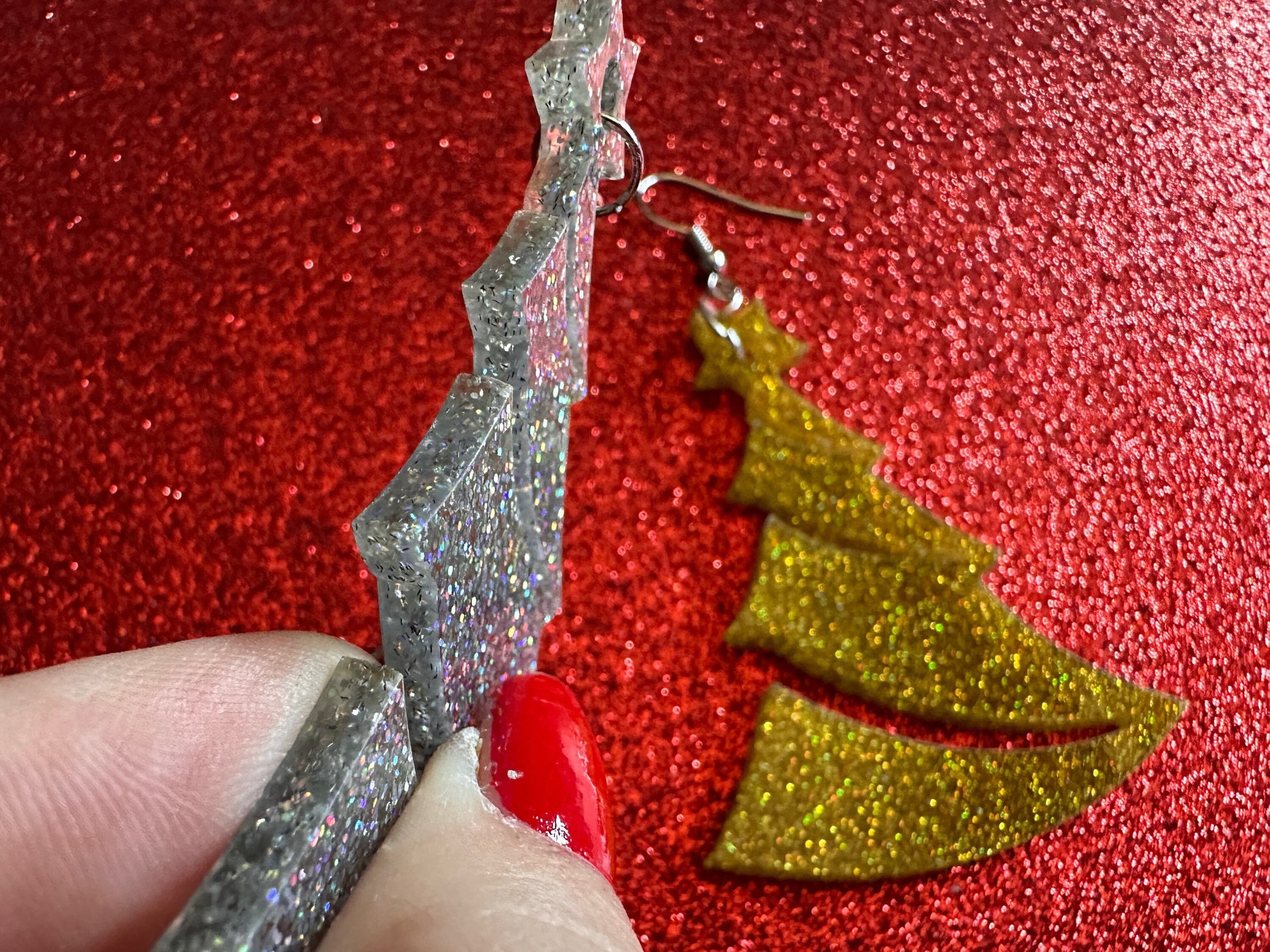 Glittery Christmas Tree Earrings: Laser Cut Acrylic Xmas Trees, Shiny, Sparkly, Green Earrings, Winter, Gifts for Her/Him/Them