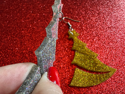 Glittery Christmas Tree Earrings: Laser Cut Acrylic Xmas Trees, Shiny, Sparkly, Green Earrings, Winter, Gifts for Her/Him/Them