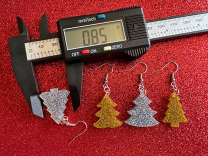 Glittery Christmas Tree Earrings: Laser Cut Acrylic Xmas Trees, Shiny, Sparkly, Green Earrings, Winter, Gifts for Her/Him/Them