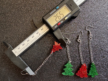 Glittery Christmas Tree Earrings: Laser Cut Acrylic Xmas Trees, Shiny, Sparkly, Green Earrings, Winter, Gifts for Her/Him/Them