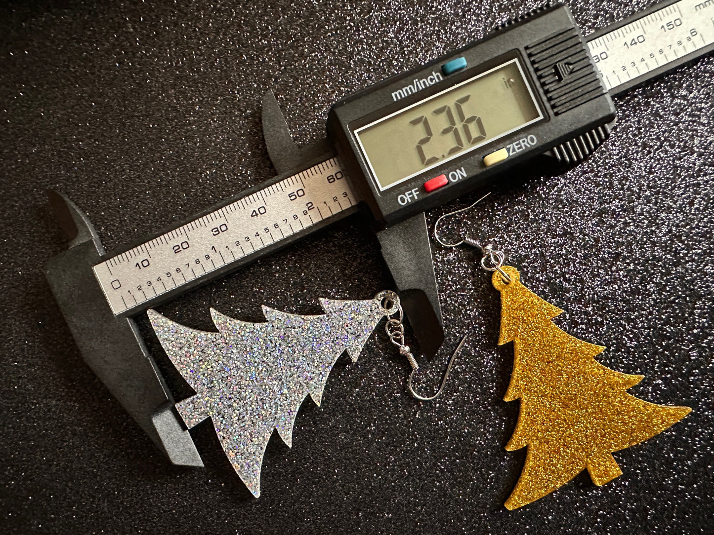 Glittery Christmas Tree Earrings: Laser Cut Acrylic Xmas Trees, Shiny, Sparkly, Green Earrings, Winter, Gifts for Her/Him/Them