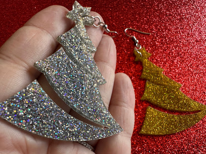 Glittery Christmas Tree Earrings: Laser Cut Acrylic Xmas Trees, Shiny, Sparkly, Green Earrings, Winter, Gifts for Her/Him/Them