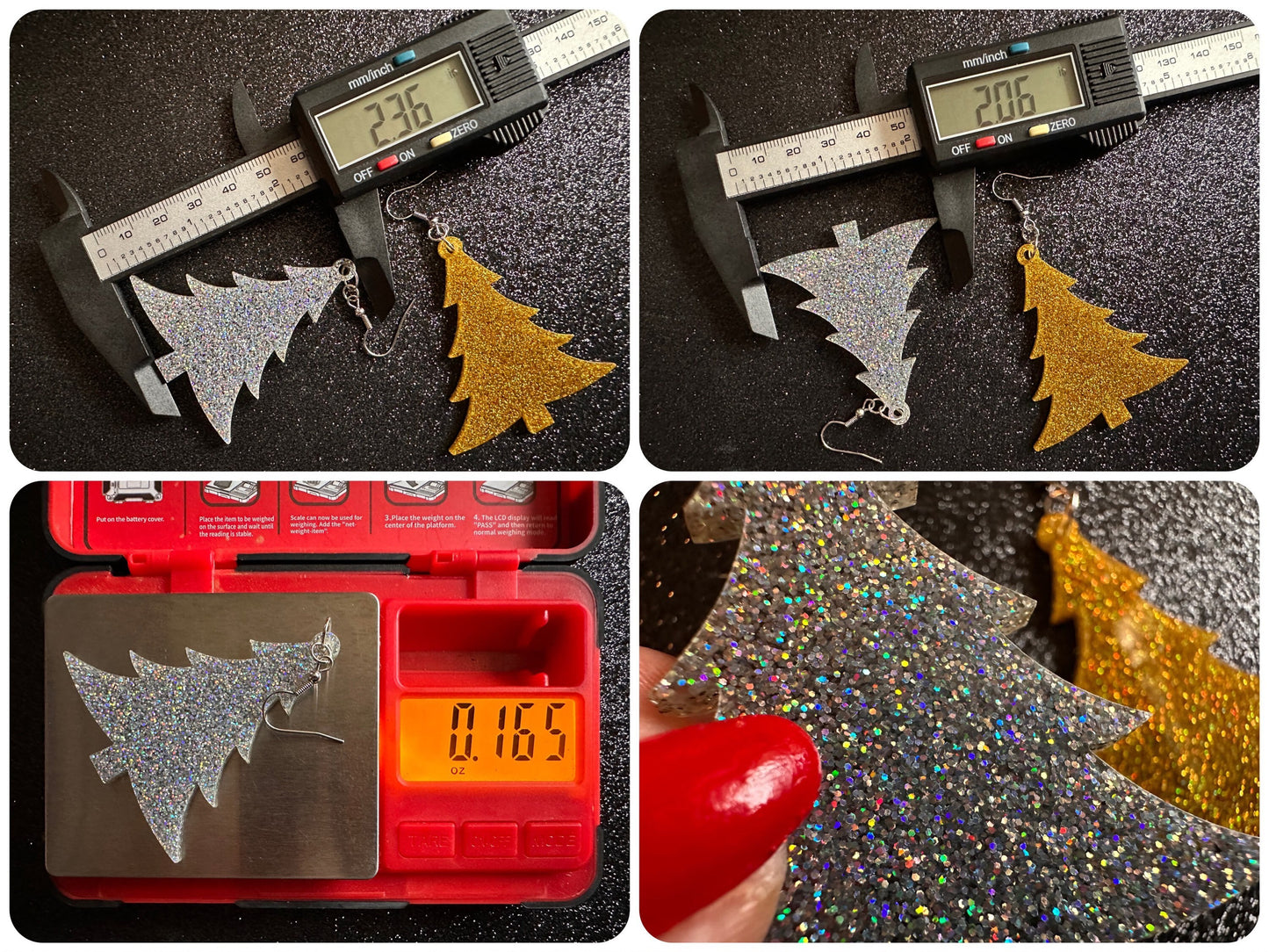 Glittery Christmas Tree Earrings: Laser Cut Acrylic Xmas Trees, Shiny, Sparkly, Green Earrings, Winter, Gifts for Her/Him/Them