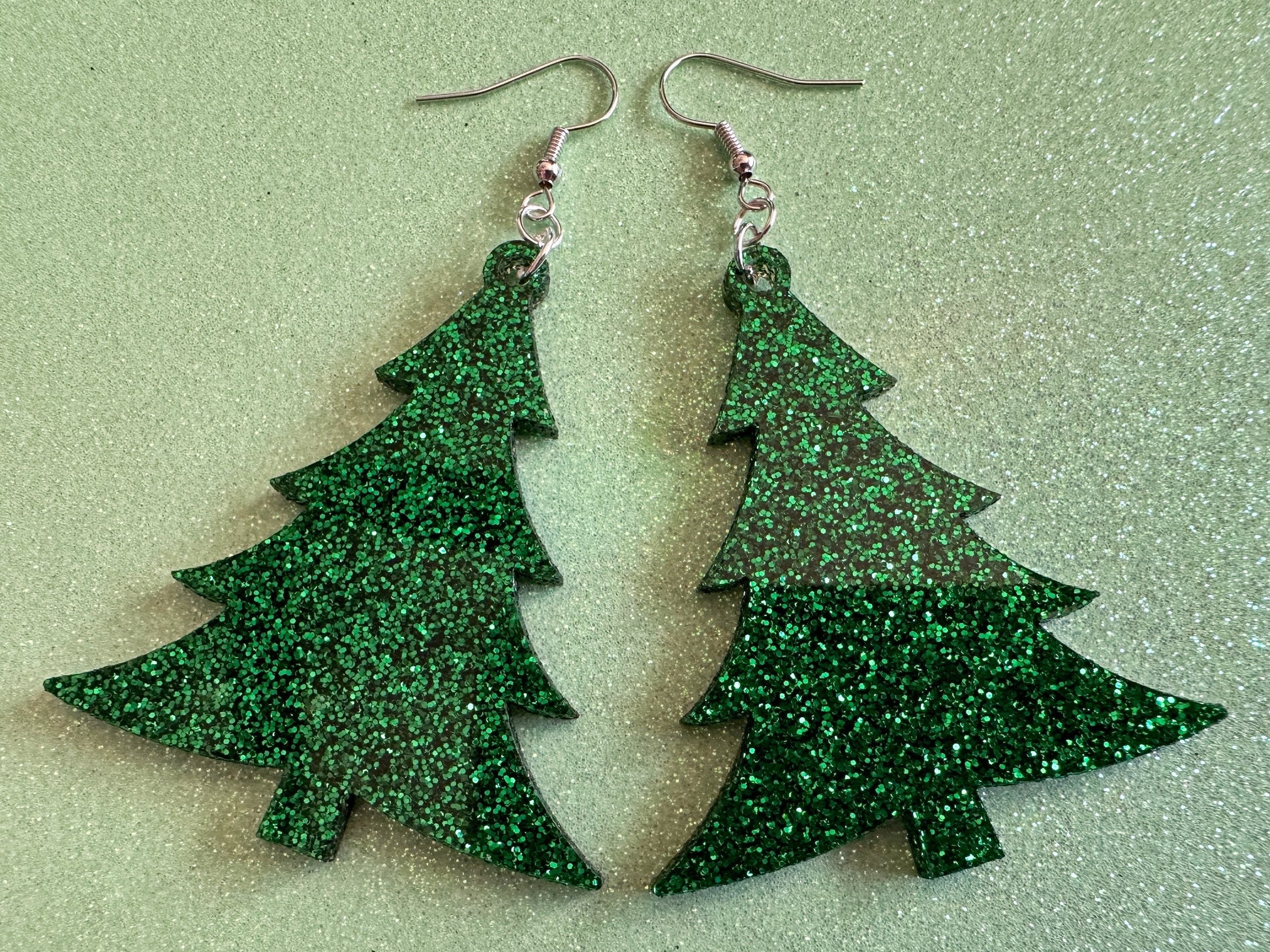 Glittery Christmas Tree Earrings: Laser Cut Acrylic Xmas Trees, Shiny, Sparkly, Green Earrings, Winter, X-mas, Best Gifts for Her/Him/Them