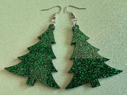 Glittery Christmas Tree Earrings: Laser Cut Acrylic Xmas Trees, Shiny, Sparkly, Green Earrings, Winter, X-mas, Best Gifts for Her/Him/Them