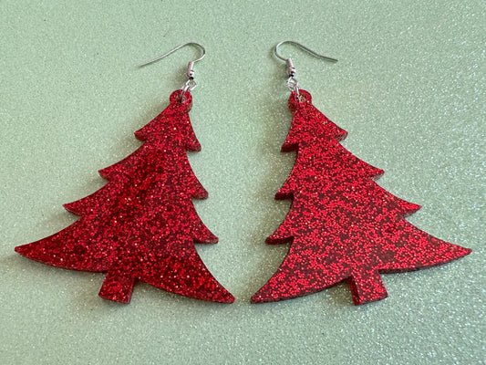 Glittery Christmas Tree Earrings: Laser Cut Acrylic Xmas Trees, Shiny, Sparkly, Green Earrings, Winter, X-mas, Best Gifts for Her/Him/Them