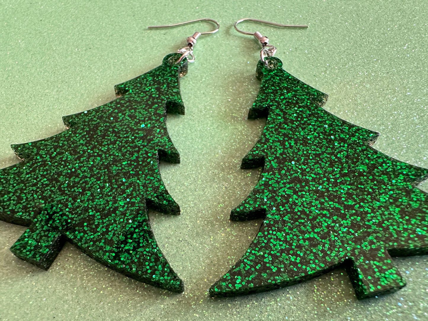 Glittery Christmas Tree Earrings: Laser Cut Acrylic Xmas Trees, Shiny, Sparkly, Green Earrings, Winter, X-mas, Best Gifts for Her/Him/Them