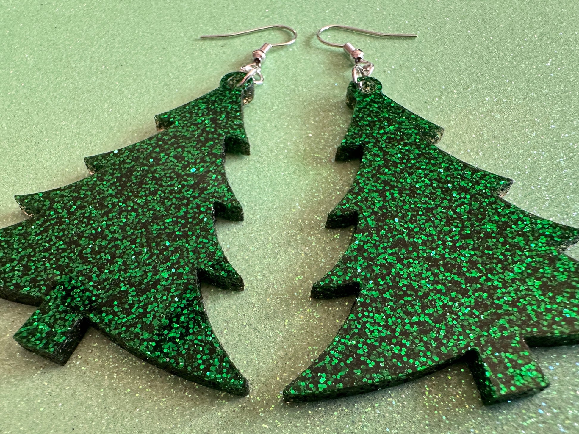 Glittery Christmas Tree Earrings: Laser Cut Acrylic Xmas Trees, Shiny, Sparkly, Green Earrings, Winter, X-mas, Best Gifts for Her/Him/Them