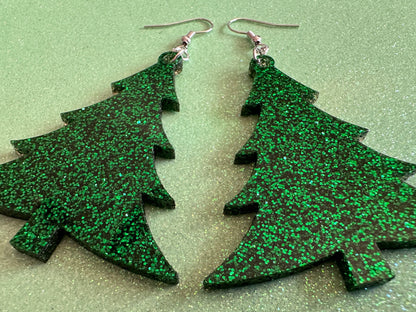 Glittery Christmas Tree Earrings: Laser Cut Acrylic Xmas Trees, Shiny, Sparkly, Green Earrings, Winter, X-mas, Best Gifts for Her/Him/Them