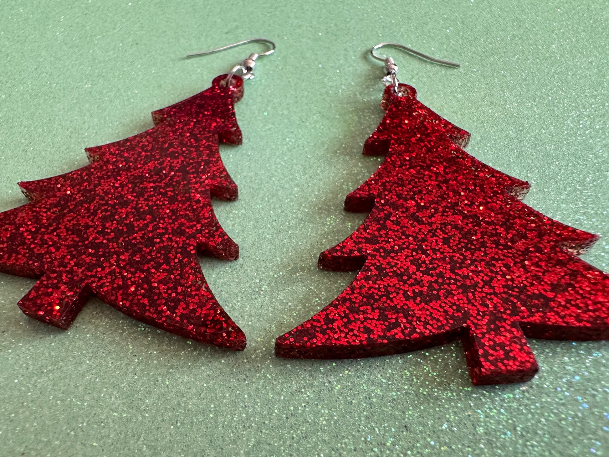Glittery Christmas Tree Earrings: Laser Cut Acrylic Xmas Trees, Shiny, Sparkly, Green Earrings, Winter, X-mas, Best Gifts for Her/Him/Them