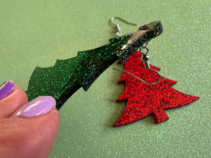 Glittery Christmas Tree Earrings: Laser Cut Acrylic Xmas Trees, Shiny, Sparkly, Green Earrings, Winter, X-mas, Best Gifts for Her/Him/Them