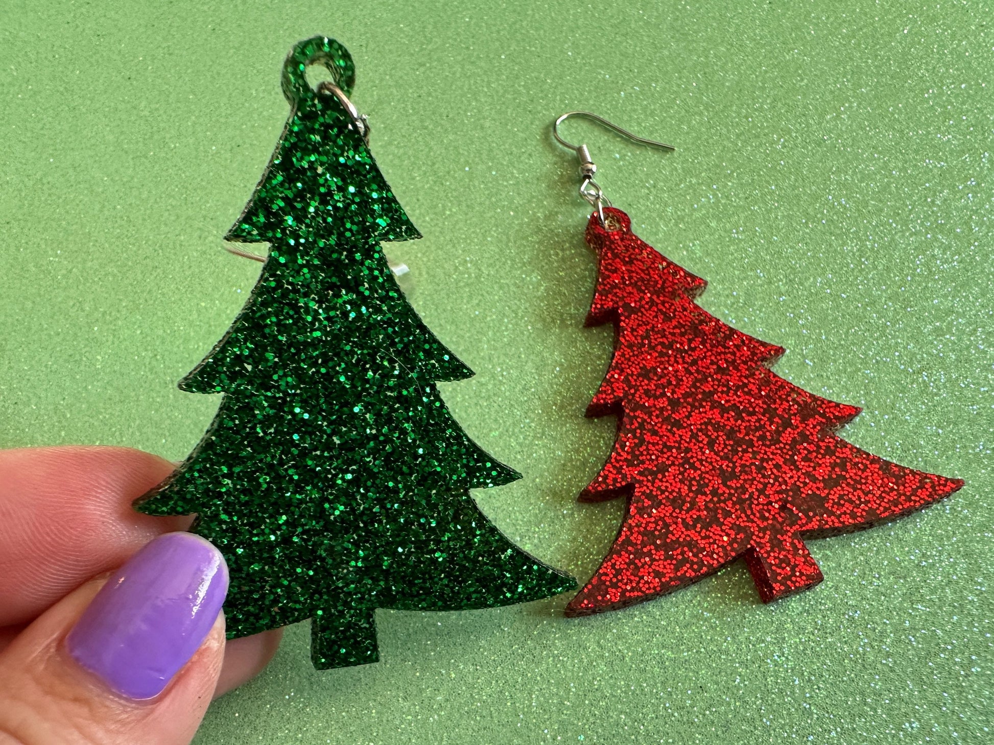 Glittery Christmas Tree Earrings: Laser Cut Acrylic Xmas Trees, Shiny, Sparkly, Green Earrings, Winter, X-mas, Best Gifts for Her/Him/Them