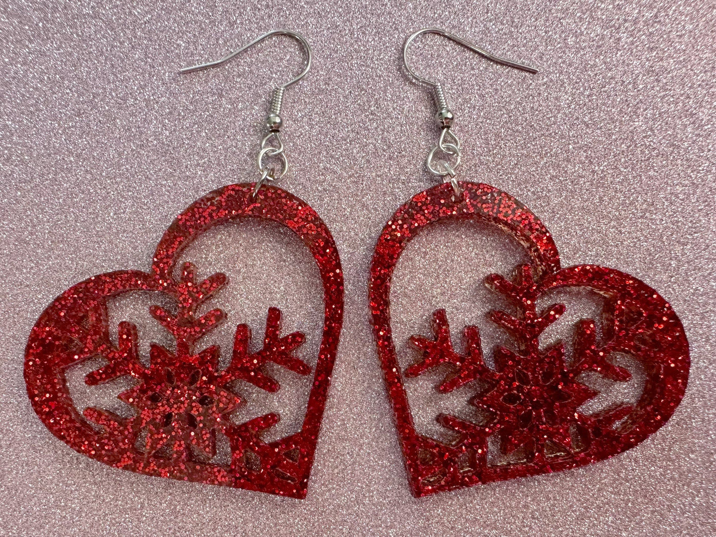 Glittery Heart Snowflake Earrings: Laser Cut Acrylic Snowflakes, Hearts, Stormy Weather, Snowing, Love Snow, Winter, Gifts for Her/Him/Them