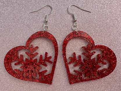 Glittery Heart Snowflake Earrings: Laser Cut Acrylic Snowflakes, Hearts, Stormy Weather, Snowing, Love Snow, Winter, Gifts for Her/Him/Them