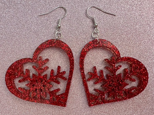 Glittery Heart Snowflake Earrings: Laser Cut Acrylic Snowflakes, Hearts, Stormy Weather, Snowing, Love Snow, Winter, Gifts for Her/Him/Them