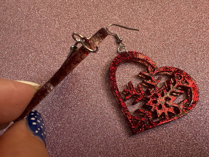 Glittery Heart Snowflake Earrings: Laser Cut Acrylic Snowflakes, Hearts, Stormy Weather, Snowing, Love Snow, Winter, Gifts for Her/Him/Them