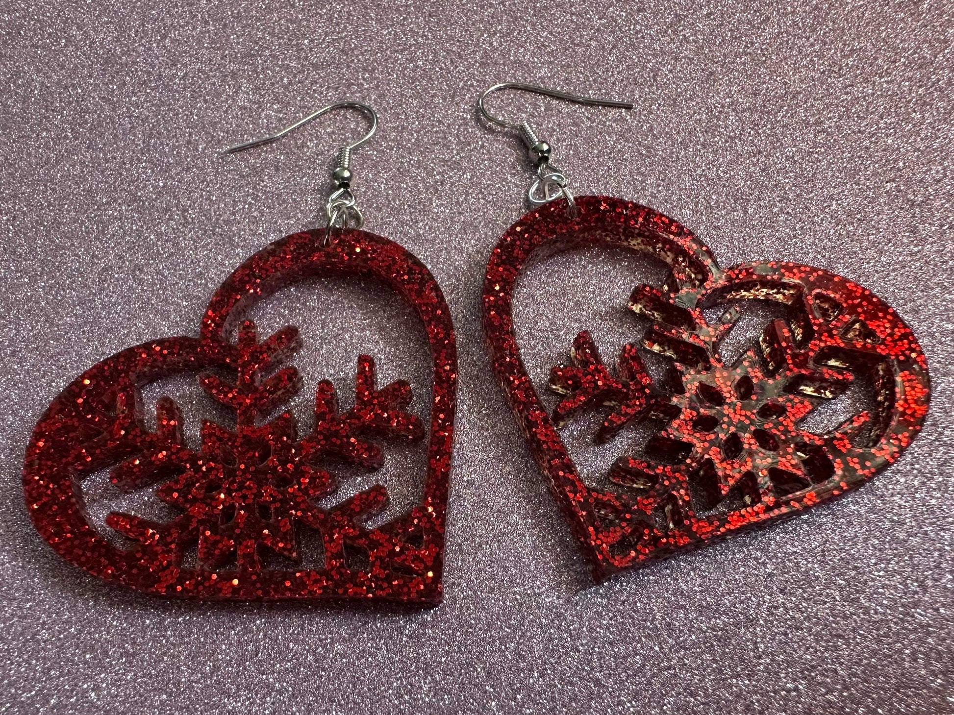 Glittery Heart Snowflake Earrings: Laser Cut Acrylic Snowflakes, Hearts, Stormy Weather, Snowing, Love Snow, Winter, Gifts for Her/Him/Them