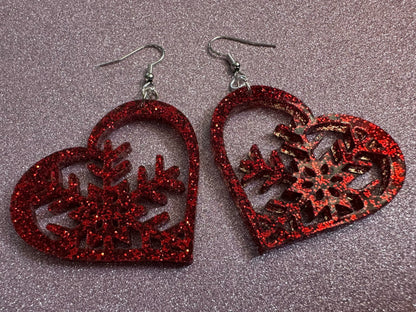 Glittery Heart Snowflake Earrings: Laser Cut Acrylic Snowflakes, Hearts, Stormy Weather, Snowing, Love Snow, Winter, Gifts for Her/Him/Them
