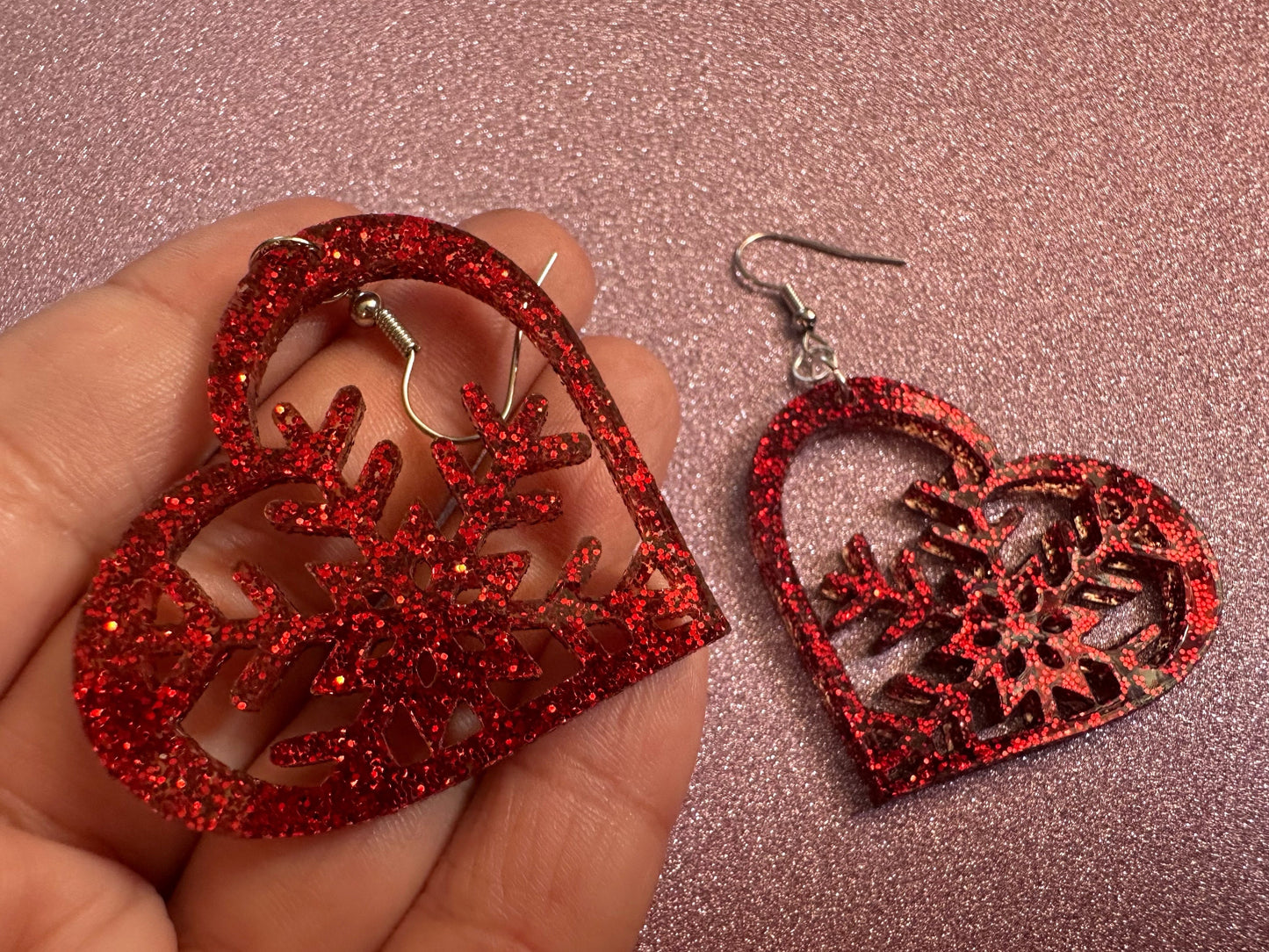 Glittery Heart Snowflake Earrings: Laser Cut Acrylic Snowflakes, Hearts, Stormy Weather, Snowing, Love Snow, Winter, Gifts for Her/Him/Them