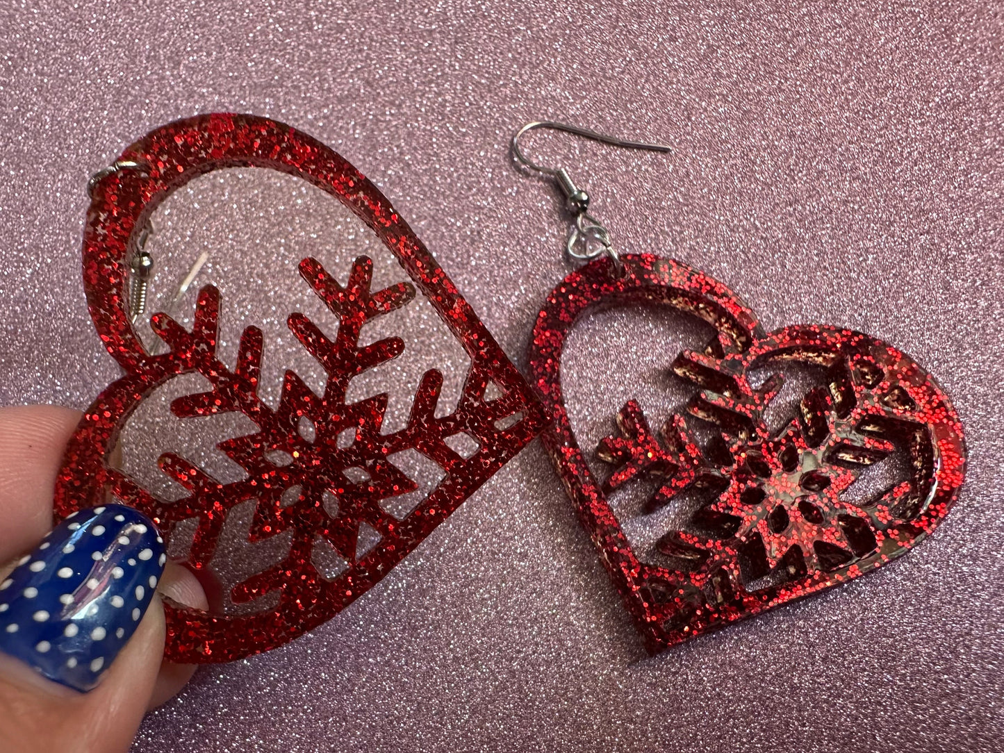 Glittery Heart Snowflake Earrings: Laser Cut Acrylic Snowflakes, Hearts, Stormy Weather, Snowing, Love Snow, Winter, Gifts for Her/Him/Them