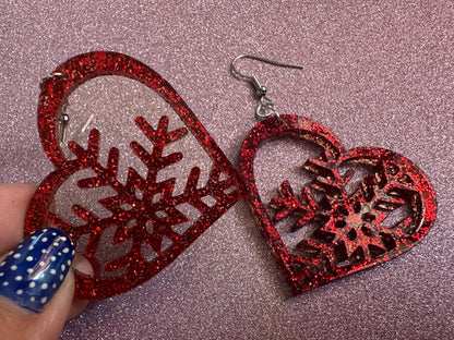 Glittery Heart Snowflake Earrings: Laser Cut Acrylic Snowflakes, Hearts, Stormy Weather, Snowing, Love Snow, Winter, Gifts for Her/Him/Them