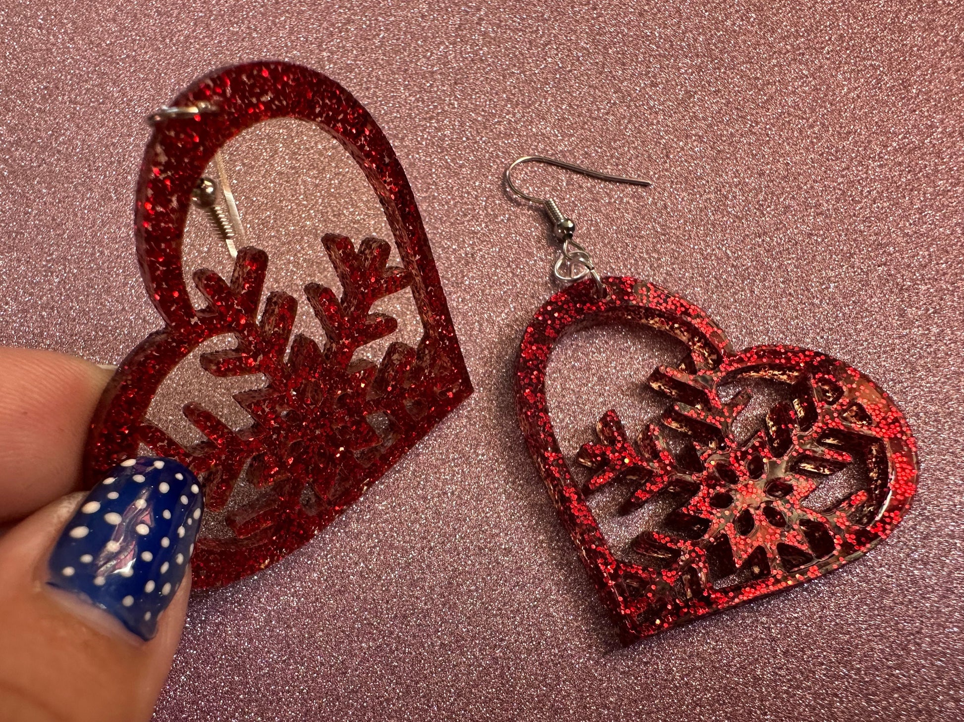 Glittery Heart Snowflake Earrings: Laser Cut Acrylic Snowflakes, Hearts, Stormy Weather, Snowing, Love Snow, Winter, Gifts for Her/Him/Them