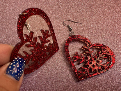 Glittery Heart Snowflake Earrings: Laser Cut Acrylic Snowflakes, Hearts, Stormy Weather, Snowing, Love Snow, Winter, Gifts for Her/Him/Them
