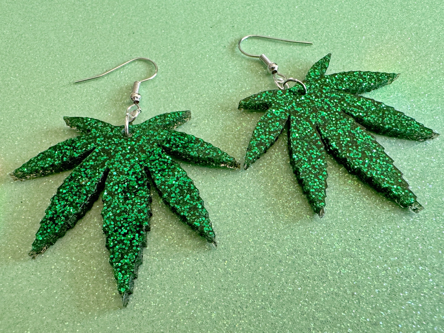 Glittery Leaf Earrings: Laser Cut Acrylic Leaves, Bud, Sparkly Green Earrings, Plants, 420, Pot, Best Gifts for Her/Him/Them