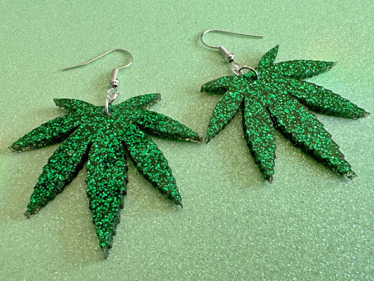 Glittery Leaf Earrings: Laser Cut Acrylic Leaves, Bud, Sparkly Green Earrings, Plants, 420, Pot, Best Gifts for Her/Him/Them