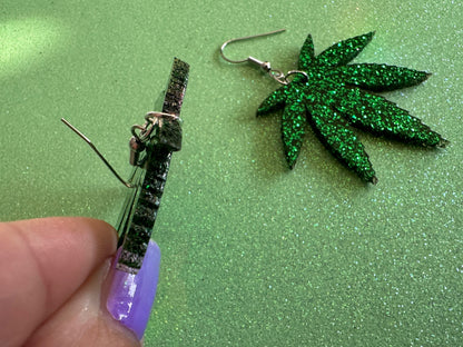 Glittery Leaf Earrings: Laser Cut Acrylic Leaves, Bud, Sparkly Green Earrings, Plants, 420, Pot, Best Gifts for Her/Him/Them