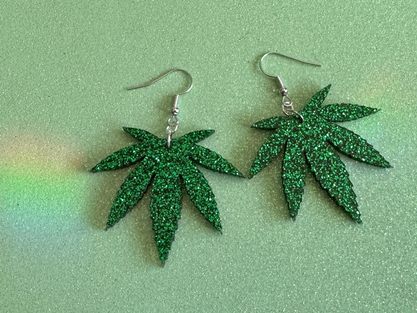 Glittery Leaf Earrings: Laser Cut Acrylic Leaves, Bud, Sparkly Green Earrings, Plants, 420, Pot, Best Gifts for Her/Him/Them