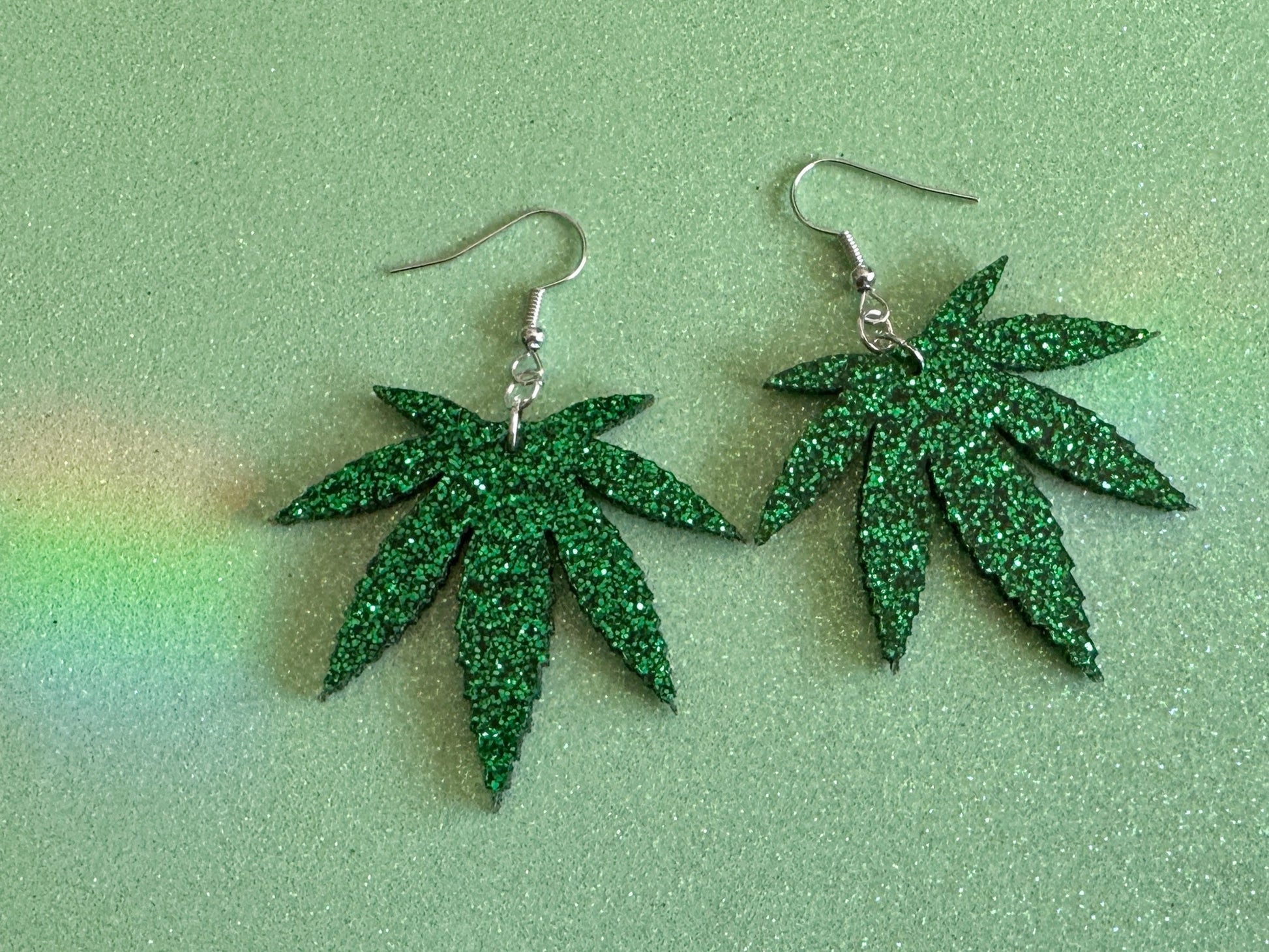 Glittery Leaf Earrings: Laser Cut Acrylic Leaves, Bud, Sparkly Green Earrings, Plants, 420, Pot, Best Gifts for Her/Him/Them