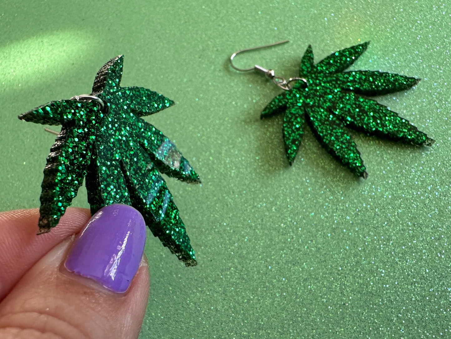 Glittery Leaf Earrings: Laser Cut Acrylic Leaves, Bud, Sparkly Green Earrings, Plants, 420, Pot, Best Gifts for Her/Him/Them