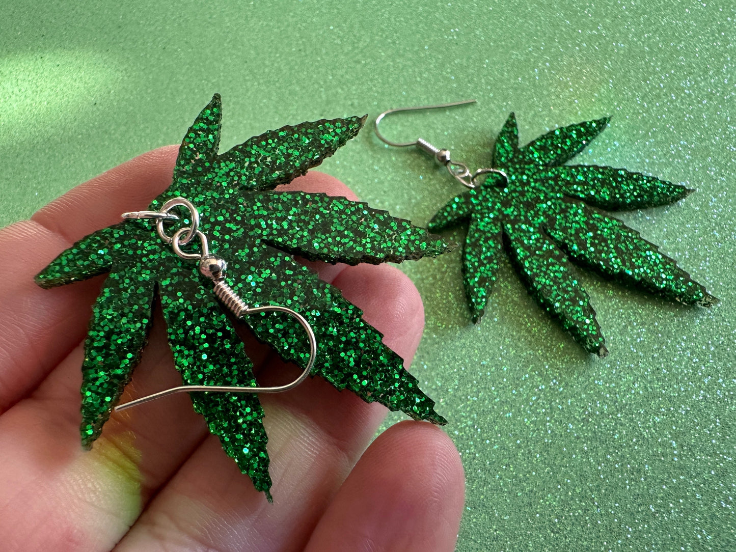 Glittery Leaf Earrings: Laser Cut Acrylic Leaves, Bud, Sparkly Green Earrings, Plants, 420, Pot, Best Gifts for Her/Him/Them