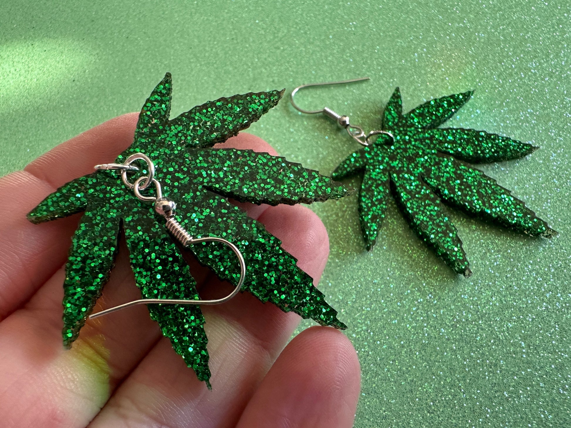 Glittery Leaf Earrings: Laser Cut Acrylic Leaves, Bud, Sparkly Green Earrings, Plants, 420, Pot, Best Gifts for Her/Him/Them
