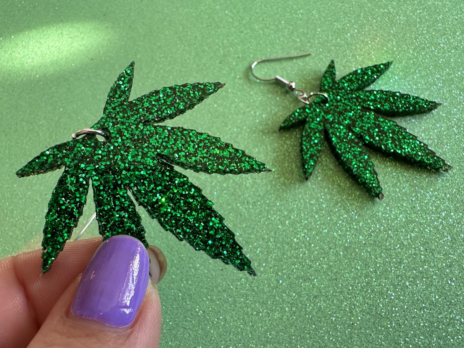 Glittery Leaf Earrings: Laser Cut Acrylic Leaves, Bud, Sparkly Green Earrings, Plants, 420, Pot, Best Gifts for Her/Him/Them
