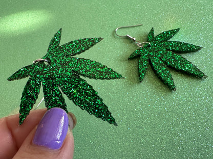 Glittery Leaf Earrings: Laser Cut Acrylic Leaves, Bud, Sparkly Green Earrings, Plants, 420, Pot, Best Gifts for Her/Him/Them