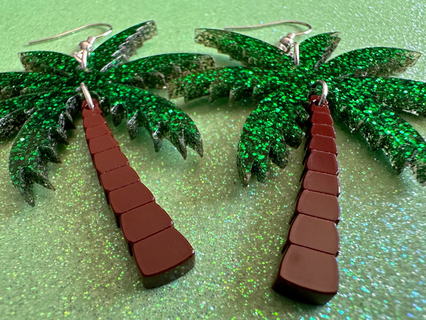 Glittery Palm Tree Earrings: Laser Cut Acrylic Palm Trees, Summer Vibes, Coconuts, Beach, Hawaii, Best Gifts for Her/Him/Them