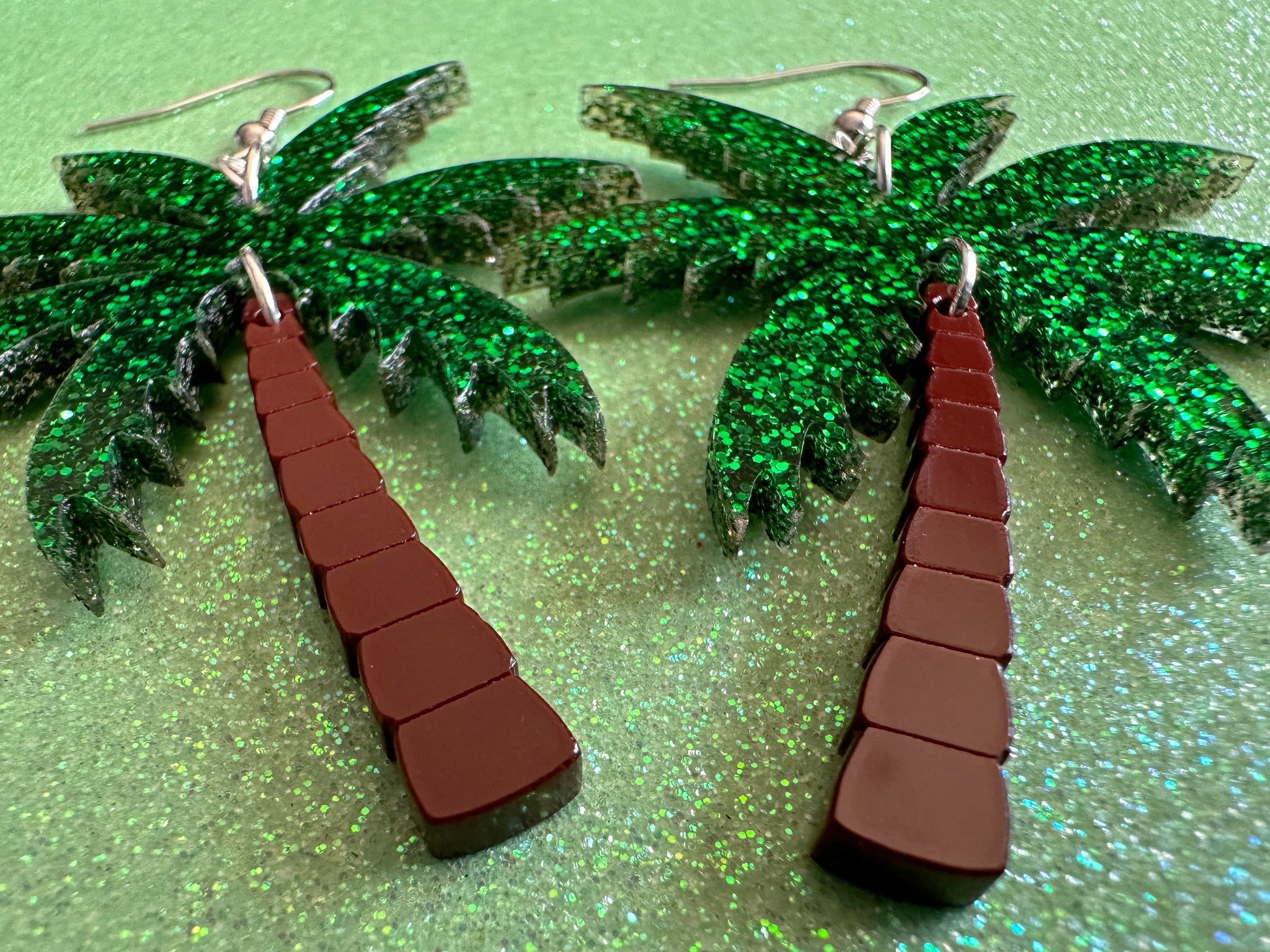 Glittery Palm Tree Earrings: Laser Cut Acrylic Palm Trees, Summer Vibes, Coconuts, Beach, Hawaii, Best Gifts for Her/Him/Them