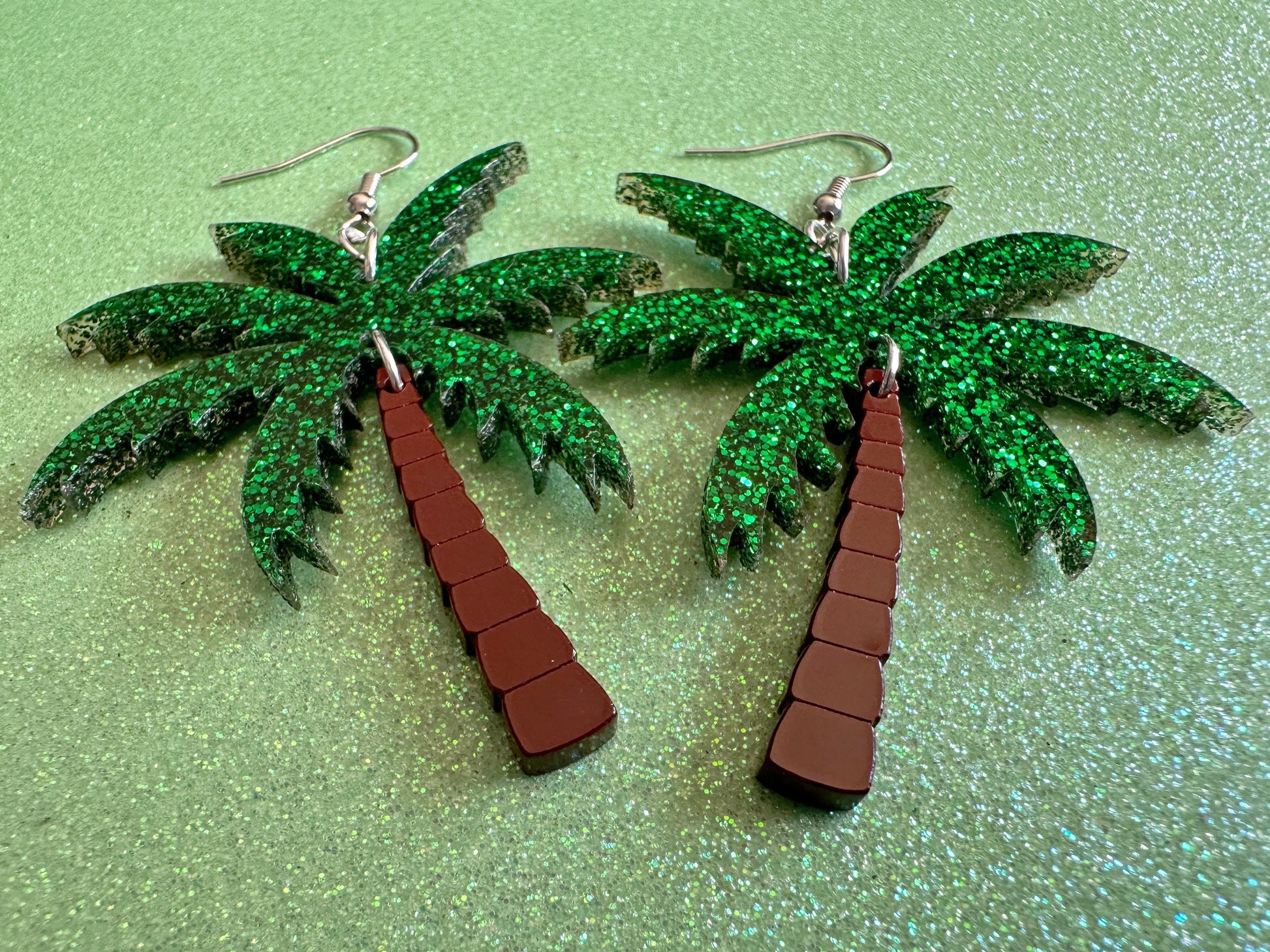 Glittery Palm Tree Earrings: Laser Cut Acrylic Palm Trees, Summer Vibes, Coconuts, Beach, Hawaii, Best Gifts for Her/Him/Them