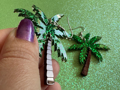 Glittery Palm Tree Earrings: Laser Cut Acrylic Palm Trees, Summer Vibes, Coconuts, Beach, Hawaii, Best Gifts for Her/Him/Them