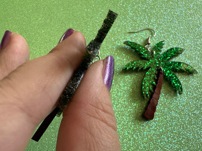 Glittery Palm Tree Earrings: Laser Cut Acrylic Palm Trees, Summer Vibes, Coconuts, Beach, Hawaii, Best Gifts for Her/Him/Them