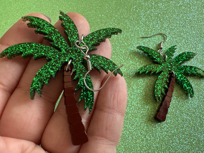 Glittery Palm Tree Earrings: Laser Cut Acrylic Palm Trees, Summer Vibes, Coconuts, Beach, Hawaii, Best Gifts for Her/Him/Them
