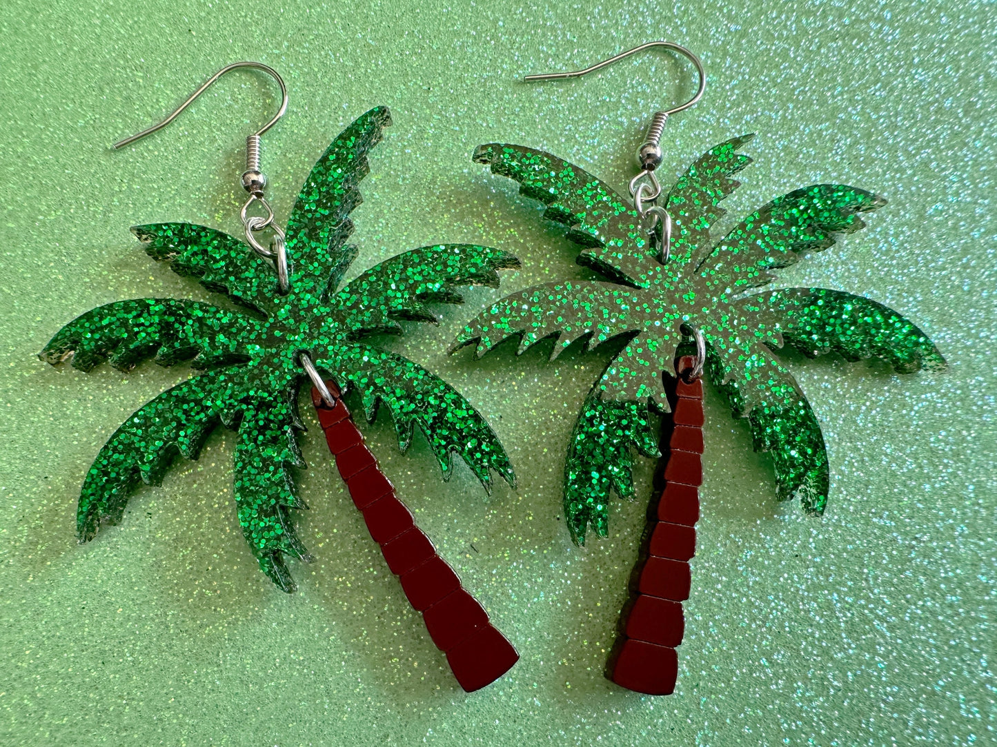 Glittery Palm Tree Earrings: Laser Cut Acrylic Palm Trees, Summer Vibes, Coconuts, Beach, Hawaii, Best Gifts for Her/Him/Them
