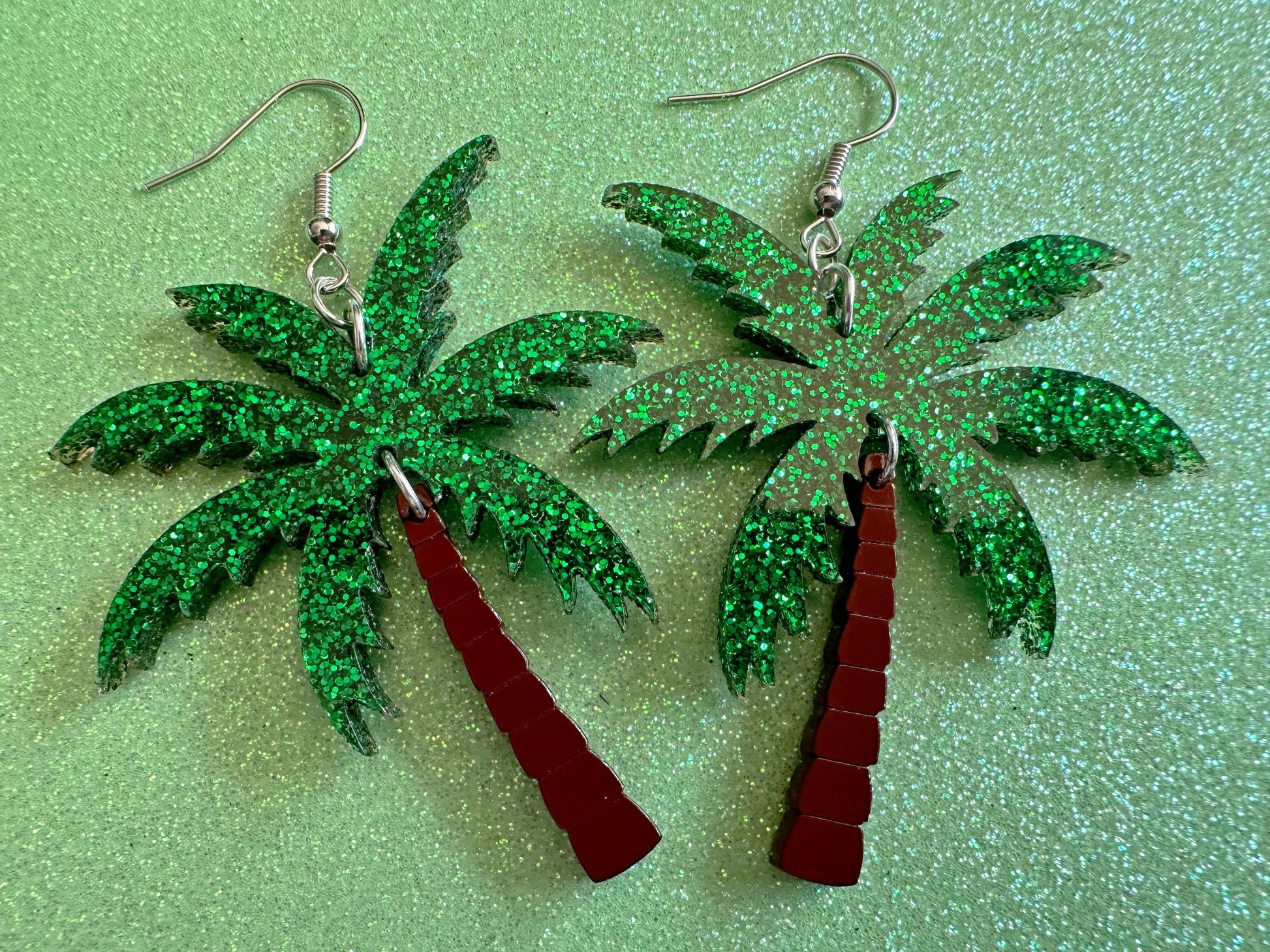 Glittery Palm Tree Earrings: Laser Cut Acrylic Palm Trees, Summer Vibes, Coconuts, Beach, Hawaii, Best Gifts for Her/Him/Them