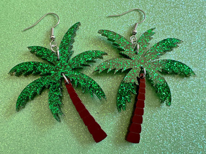 Glittery Palm Tree Earrings: Laser Cut Acrylic Palm Trees, Summer Vibes, Coconuts, Beach, Hawaii, Best Gifts for Her/Him/Them
