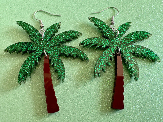 Glittery Palm Tree Earrings: Laser Cut Acrylic Palm Trees, Summer Vibes, Coconuts, Shiny, Sparkles, Beach, Hawaii, Gifts for Her/Him/Them