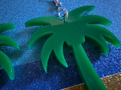 Glittery Palm Tree Earrings: Laser Cut Acrylic Palm Trees, Summer Vibes, Coconuts, Shiny, Sparkles, Beach, Hawaii, Gifts for Her/Him/Them
