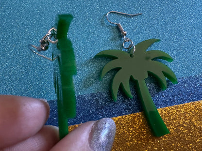 Glittery Palm Tree Earrings: Laser Cut Acrylic Palm Trees, Summer Vibes, Coconuts, Shiny, Sparkles, Beach, Hawaii, Gifts for Her/Him/Them